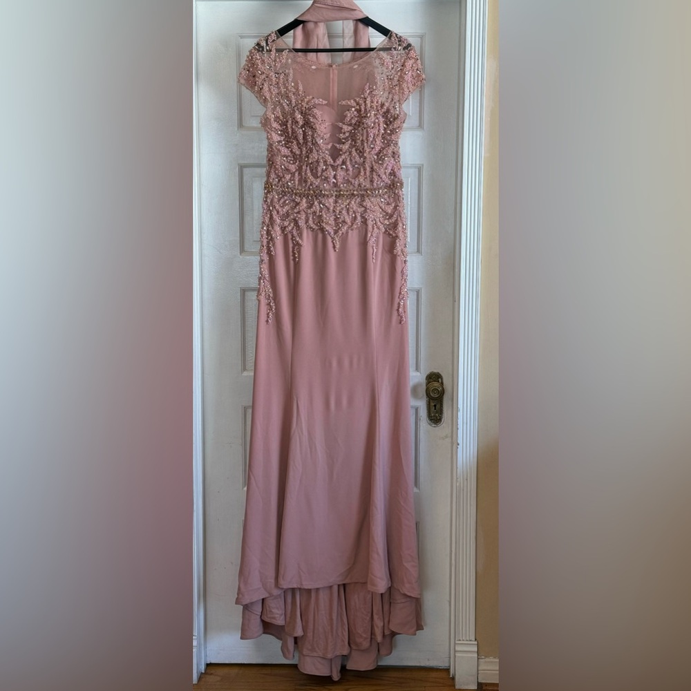 Beautiful blush pink evening gown with pink pearls open mesh back.